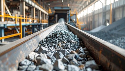 Conveyor belt transporting pile of mined rocks and aggregate material through industrial processing facility, heavy industry and mining operation concept