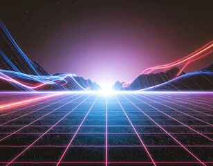 A stunning synthwave/retrowave abstract background featuring a neon-pink and blue grid floor, speed lines, and a bright central light, evoking an 80s futuristic or cyberpunk aesthetic.