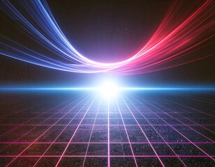 A stunning synthwave/retrowave abstract background featuring a neon-pink and blue grid floor, speed lines, and a bright central light, evoking an 80s futuristic or cyberpunk aesthetic.