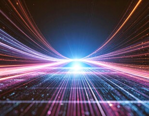 A stunning synthwave/retrowave abstract background featuring a neon-pink and blue grid floor, speed lines, and a bright central light, evoking an 80s futuristic or cyberpunk aesthetic.