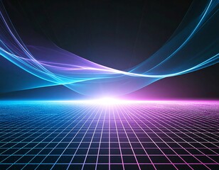 A stunning synthwave/retrowave abstract background featuring a neon-pink and blue grid floor, speed lines, and a bright central light, evoking an 80s futuristic or cyberpunk aesthetic.