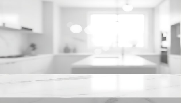 Blurry abstract background of a modern white kitchen interior with a countertop.
