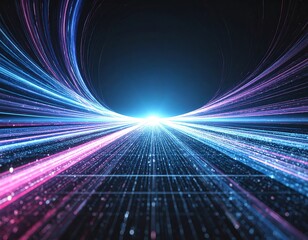 A stunning synthwave/retrowave abstract background featuring a neon-pink and blue grid floor, speed lines, and a bright central light, evoking an 80s futuristic or cyberpunk aesthetic.