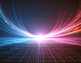 A stunning synthwave/retrowave abstract background featuring a neon-pink and blue grid floor, speed lines, and a bright central light, evoking an 80s futuristic or cyberpunk aesthetic.