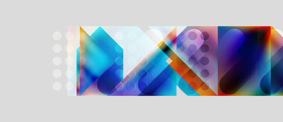 Abstract geometric shapes overlap, creating vibrant color gradients. Composition features blues, oranges, purples, plus white dots. Modern design.