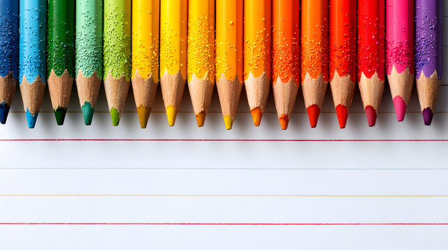 Creative back to school design with rainbow colored pencils on lined paper - Powered by Adobe