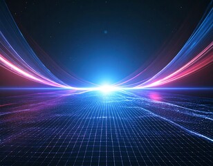 A stunning synthwave/retrowave abstract background featuring a neon-pink and blue grid floor, speed lines, and a bright central light, evoking an 80s futuristic or cyberpunk aesthetic.