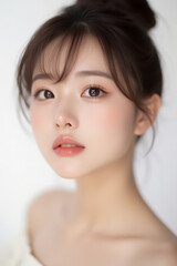 Female Asian Model with Short Hair - Young Beautiful Woman with Hair Bun - Studio Portrait of Asian Beauty for Fashion, Cosmetic, Skincare - Posing on White Background - Smooth Tied Hair