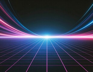 A stunning synthwave/retrowave abstract background featuring a neon-pink and blue grid floor, speed lines, and a bright central light, evoking an 80s futuristic or cyberpunk aesthetic.