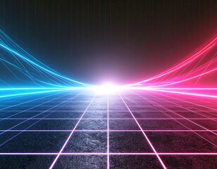 A stunning synthwave/retrowave abstract background featuring a neon-pink and blue grid floor, speed lines, and a bright central light, evoking an 80s futuristic or cyberpunk aesthetic.