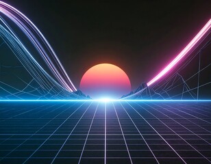 A stunning synthwave/retrowave abstract background featuring a neon-pink and blue grid floor, speed lines, and a bright central light, evoking an 80s futuristic or cyberpunk aesthetic.