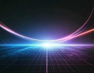 A stunning synthwave/retrowave abstract background featuring a neon-pink and blue grid floor, speed lines, and a bright central light, evoking an 80s futuristic or cyberpunk aesthetic.