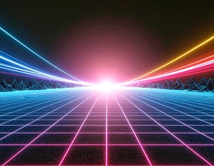 A stunning synthwave/retrowave abstract background featuring a neon-pink and blue grid floor, speed lines, and a bright central light, evoking an 80s futuristic or cyberpunk aesthetic.