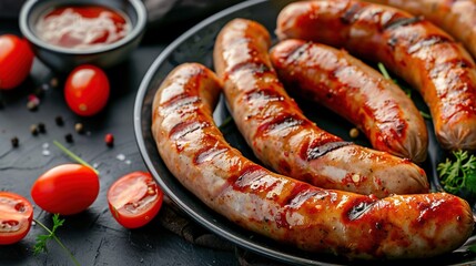 Grilled Sausages Assortment: Juicy Grilled Sausages with Mashed Potatoes, Sauerkraut, Herbs, and Condiments for Barbecue, Picnic, and Gourmet Meals
