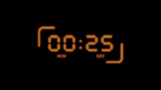 30 Second Pixel Countdown Timer. A Looping Digital Clock Display with Retro Glow Effect for Gaming Streams and Intros