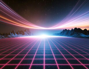 A stunning synthwave/retrowave abstract background featuring a neon-pink and blue grid floor, speed lines, and a bright central light, evoking an 80s futuristic or cyberpunk aesthetic.