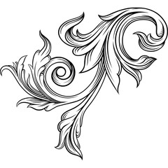 Elegant Black And White Swirl Flourish Design With Intricate Leaf Motifs And Scrolling Accents On Transparent Background