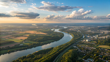 An aerial view captures a majestic river winding through a lush landscape, bordered by verdant fields and a sprawling city under a sky painted with clouds and sunlight