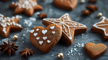 Gingerbread cookies in the shape of stars and hearts