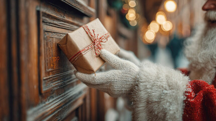 Santa Claus white gloved hand delivers a small wrapped Christmas gift through a wooden door, symbolizing holiday kindness, surprise, and magic. Secret Santa