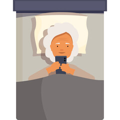 Elderly Woman Using Smartphone in Bed with Blanket and Pillow in Soft Light