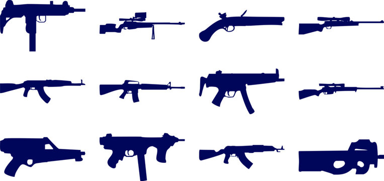 Hand made Set of various gun silhouettes including rifles and machine guns vector illustration for military or security concepts By Adobe illust