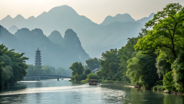 A serene view of the li river in guilin, china, with lush green trees lining the banks and mistcovered mountains in the background, creating a peaceful atmosphere