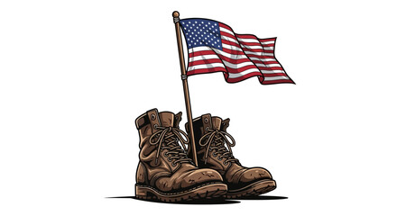 Worn military boots stand as a poignant tribute beneath a waving American flag of freedom