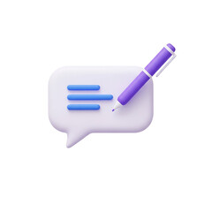 3d illustration of a purple pen writing on a white speech bubble with blue lines, isolated on transparent background