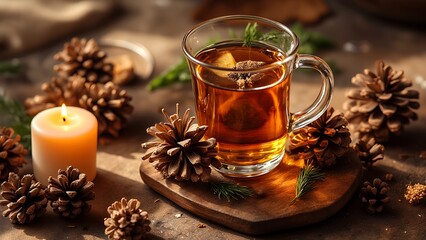 A cozy scene featuring a glass of warm tea surrounded by pine cones and a lit candle, evoking a serene, autumn atmosphere.