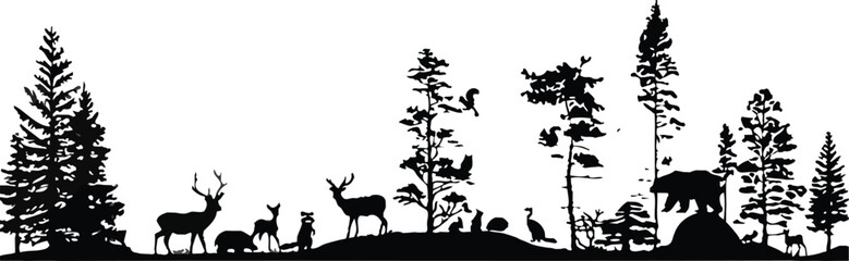 Silhouette of diverse wildlife including deer and bear in a dense forest landscape © Sharif