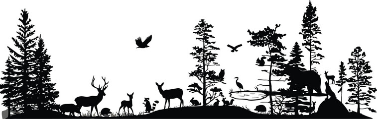 Silhouette of a majestic forest landscape with wildlife including deer bears and birds