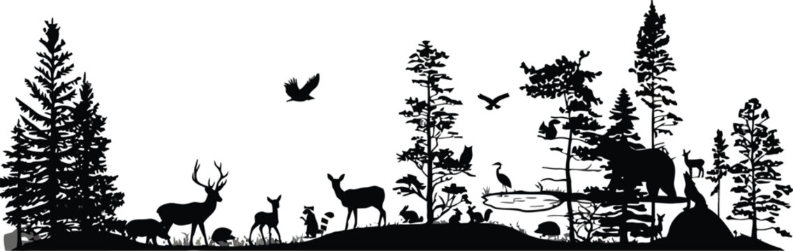 Silhouette of a majestic forest landscape with wildlife including deer bears and birds