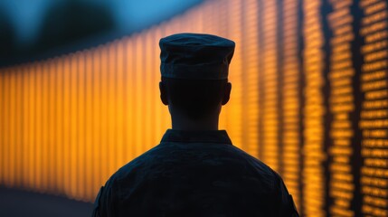 A soldier stands solemnly before a glowing memorial wall, reflecting on the names of those honored, embodying remembrance and sacrifice.