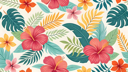 Colorful seamless tropical pattern with pink hibiscus flowers, teal monstera leaves, and yellow palm fronds