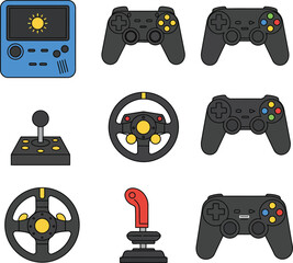 Collection of retro and modern video game controllers and gaming accessories on white background
