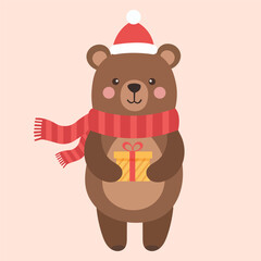 Cute Brown Bear with Red Scarf Holding Gift Box Cartoon Style