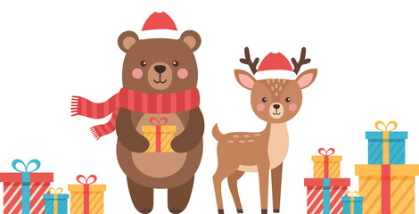 Cute Christmas Bear and Deer Characters with Gifts and Trees
