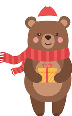 Cute Brown Bear with Red Scarf Holding Gift Box Cartoon Style