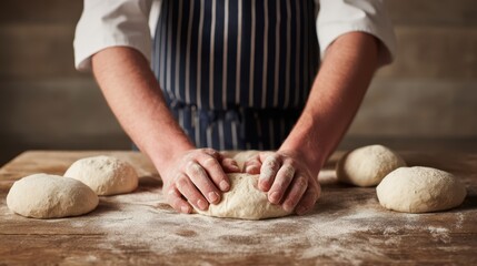 Fototapeta premium A chef kneads dough on a wooden surface, surrounded by several dough balls, showcasing the art of baking in a rustic kitchen setting.