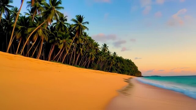 Tropical beach at sunset with vibrant colors.  Palm trees line a golden sand beach sloping gently to a turquoise ocean. Soft clouds and warm colors of a peaceful sunset fill the sky
