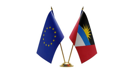 European union flag and antigua and barbuda flag side by side displayed on stands isolated on transparent background