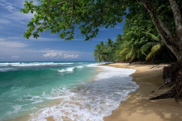 Tropical beach view with greenblue water sandy shore palm trees and lush foliage under a bright sky with scattered clouds