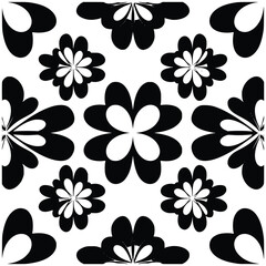 Black and white floral pattern with symmetrical arrangement, isolated on white background