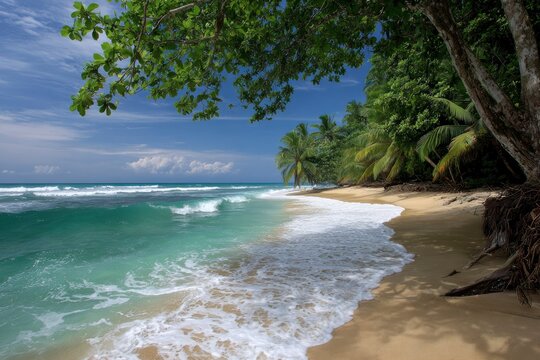 Tropical beach view with greenblue water sandy shore palm trees and lush foliage under a bright sky with scattered clouds