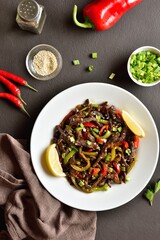 Stir fried thinly sliced beef sirloin with vegetables