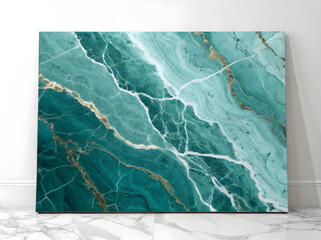 Fototapeta premium Luxurious teal and turquoise marble texture featuring flowing white and sparkling gold metallic veins