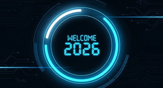 Futuristic welcome to 2026 with glowing neon circle and digital text, symbolizing technological advancement and a bright future in the coming year