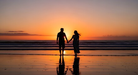 Sunset Stroll: Silhouetted against a vibrant sunset, a couple walks hand-in-hand along a tranquil shoreline, embracing the romantic ambiance of the golden hour.