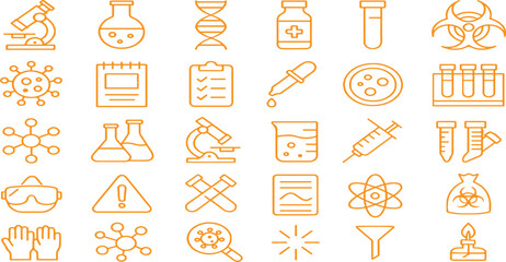 Scientific Research and Laboratory Testing Outline Icons. Vector Set of Thin Line Symbols for Chemistry, Virology, and Biotechnology.